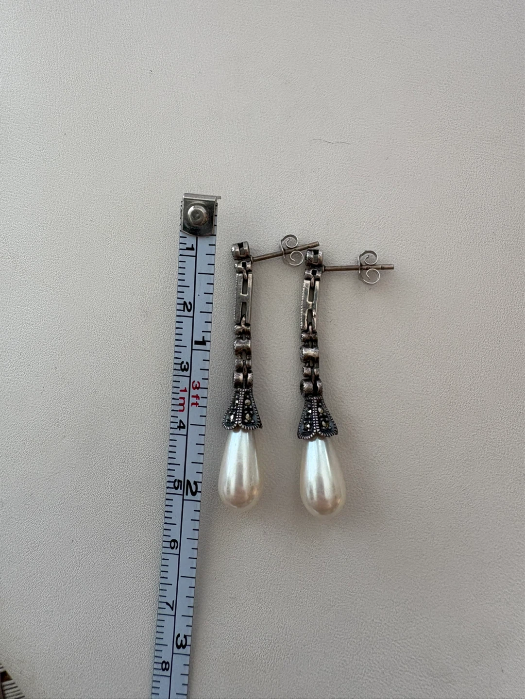 Pearl and Marcasite Drop Earrings in Silver Tone Box - photo 2