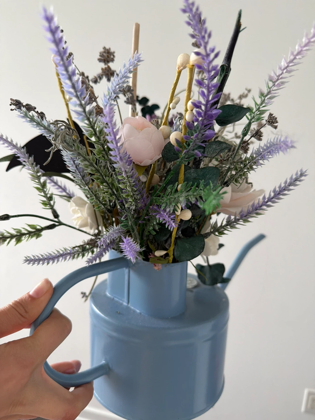 Blue Watering Can with Artificial Flowers and Lavender - photo 3