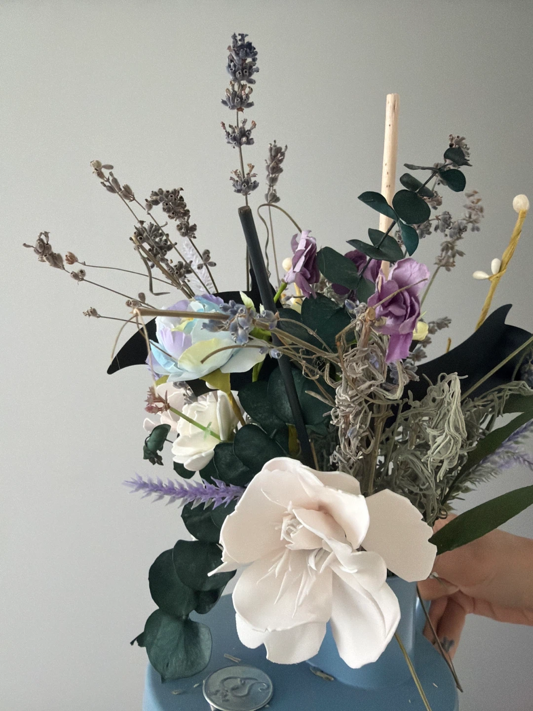Blue Watering Can with Artificial Flowers and Lavender - photo 2