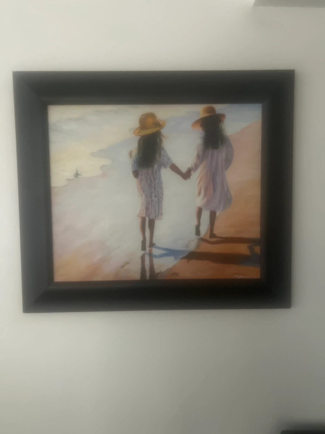 Framed Painting of Two Girls on a Beach
