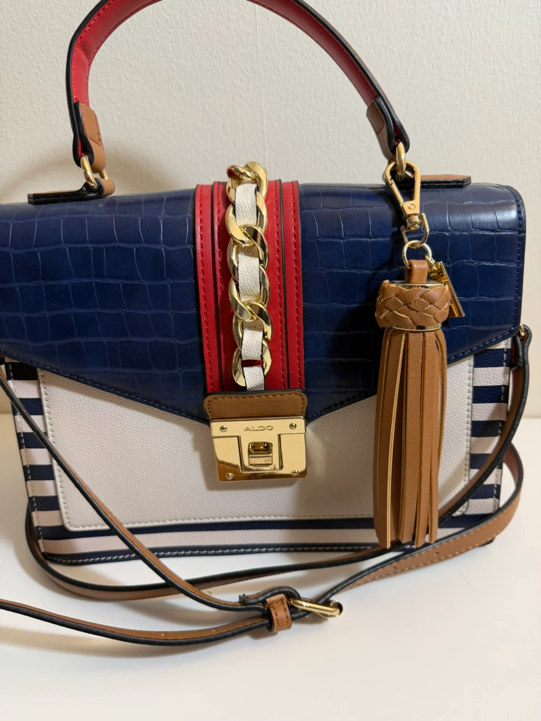 ALDO Satchel Handbag - Navy, White, Red, Tan