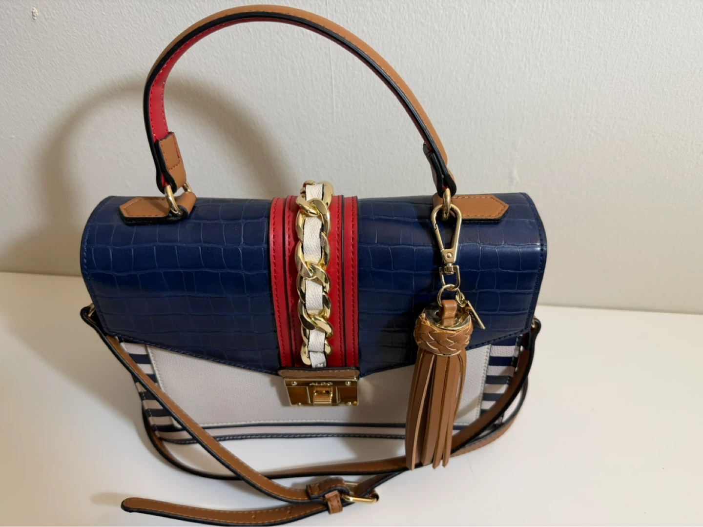 ALDO Satchel Handbag - Navy, White, Red, Tan - photo 2