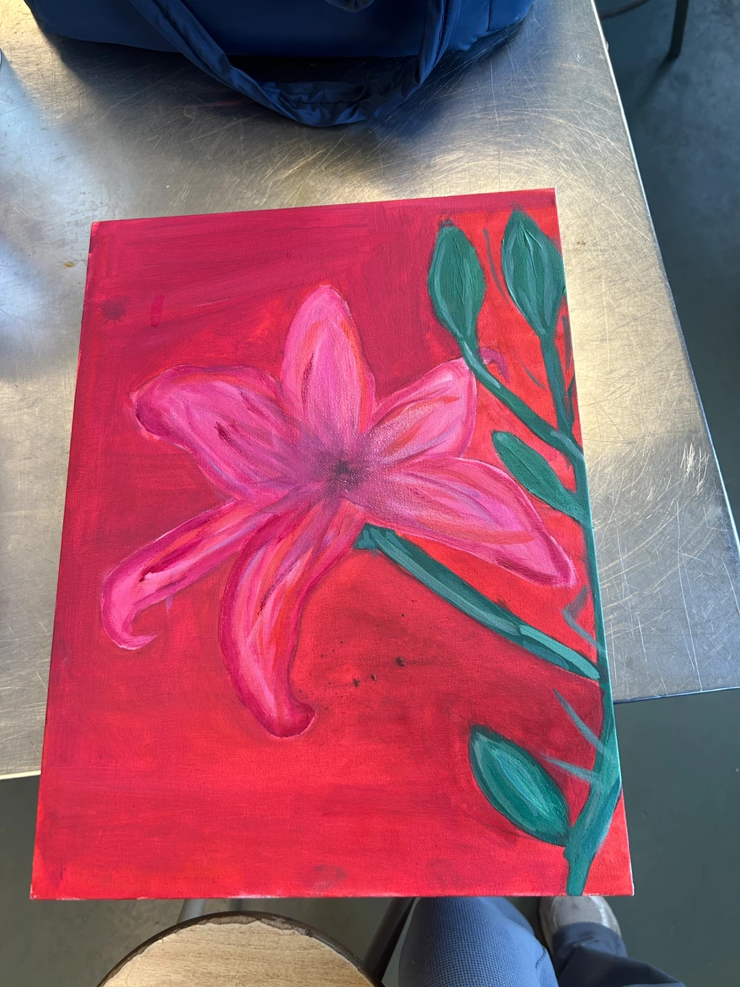 Pink Lily Painting on Red Canvas