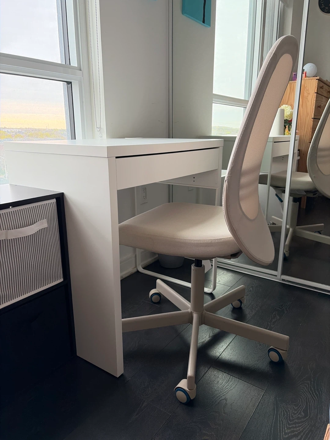 White IKEA Desk with Drawer and Swivel Chair