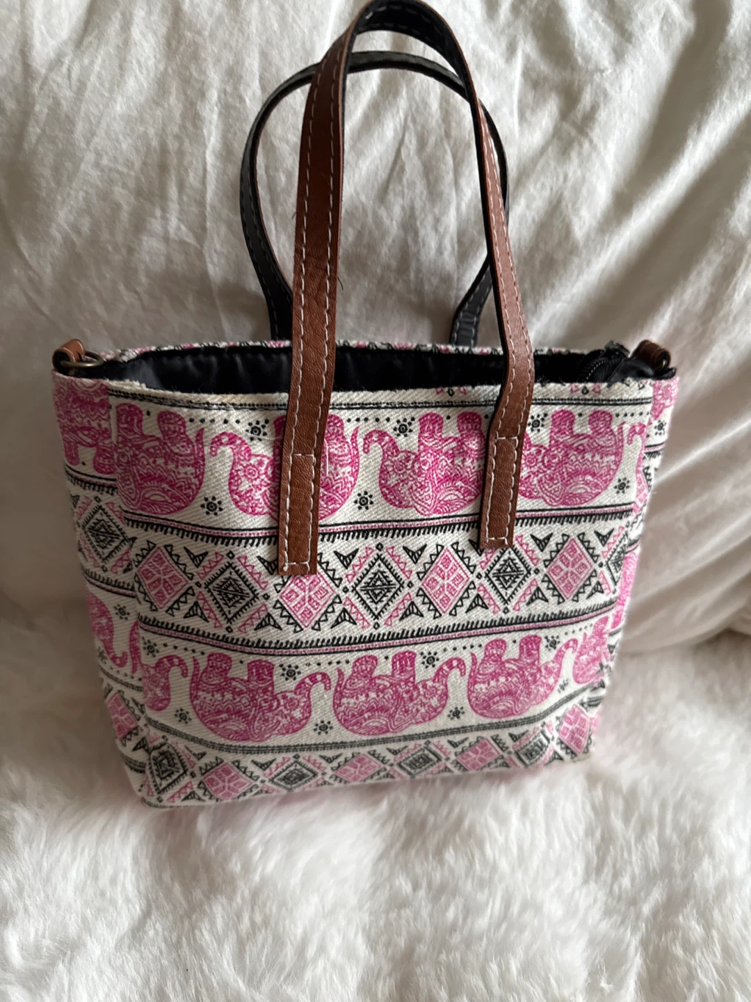 Pink Elephant Print Tote Bag with Leather Handles