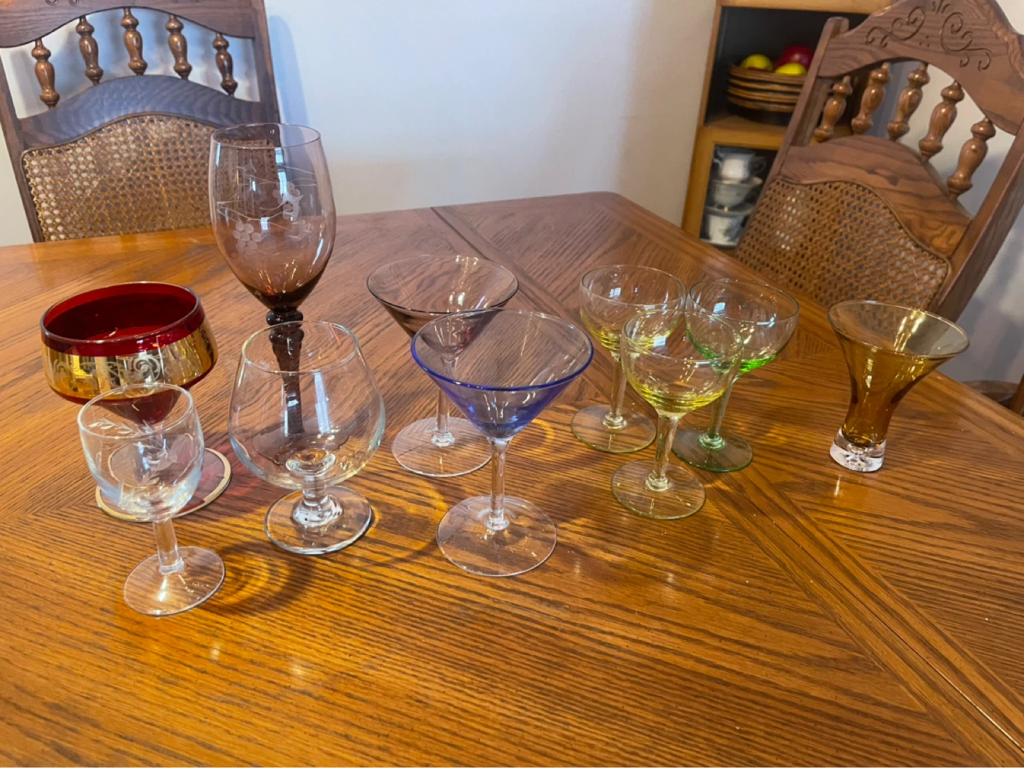 Set of 10 Decorative Coloured Glassware with Etchings