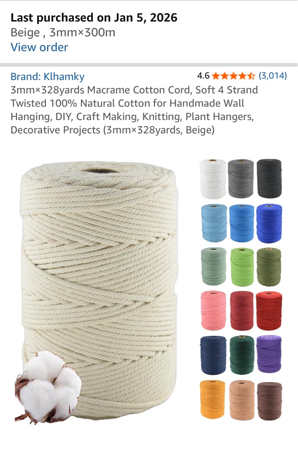 Klhamky 3mm Beige Macrame Cotton Cord (300m)