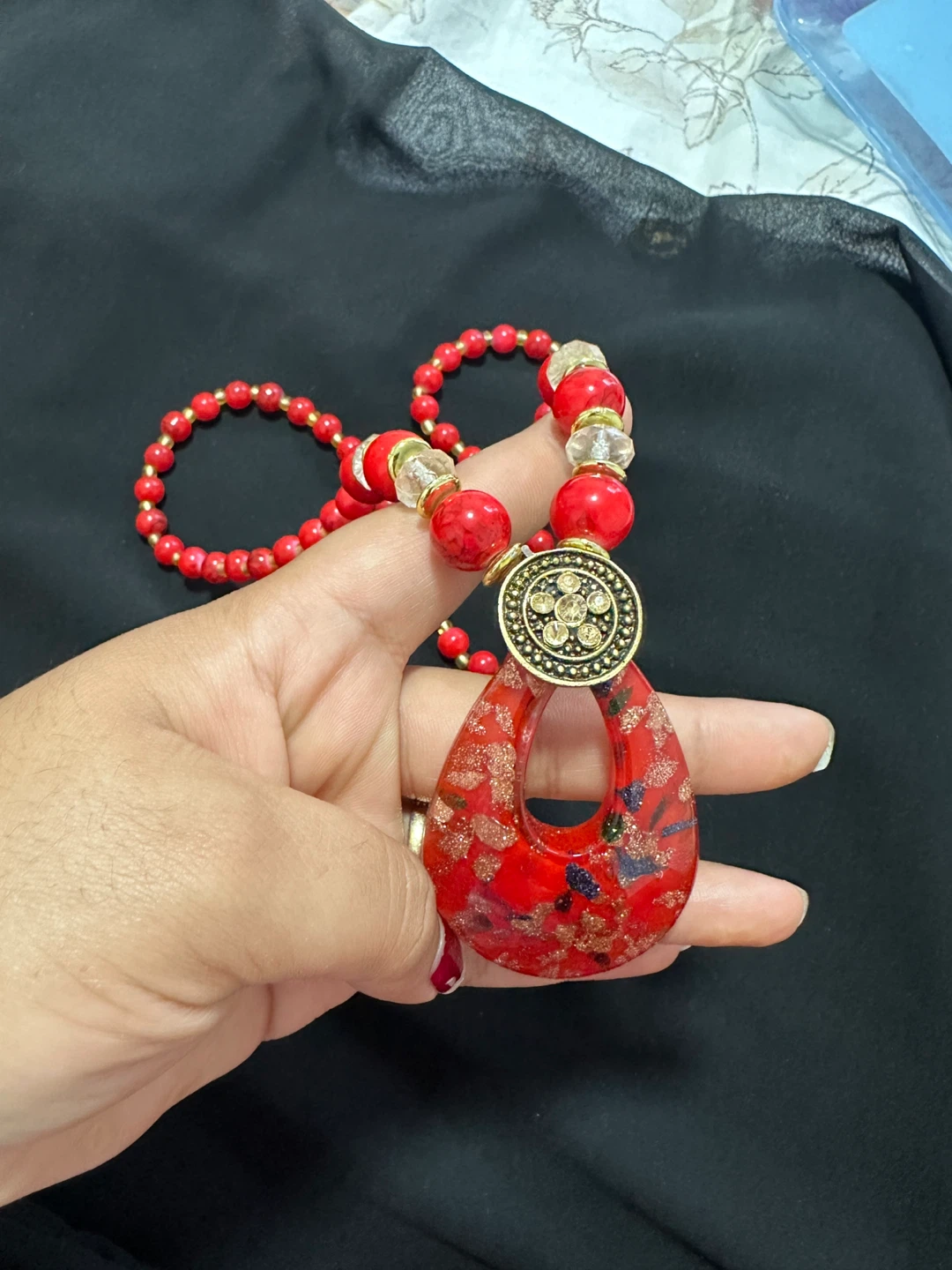 Red Beaded Statement Necklace with Teardrop Pendant - photo 3