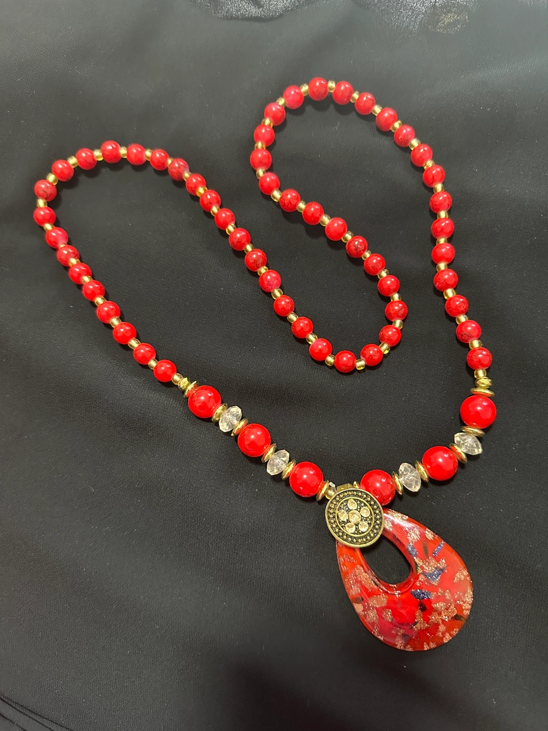 Red Beaded Statement Necklace with Teardrop Pendant - photo 2