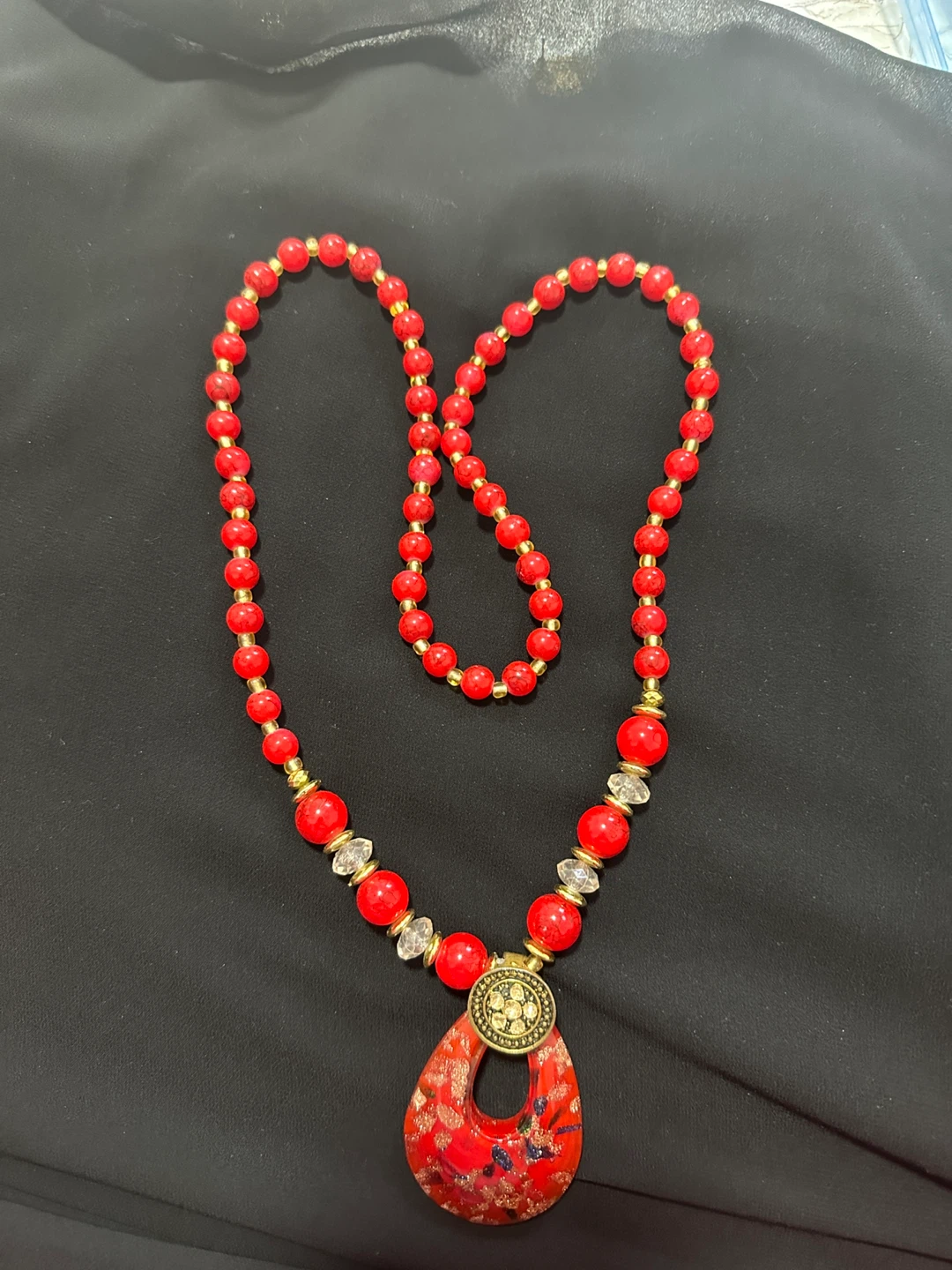Red Beaded Statement Necklace with Teardrop Pendant