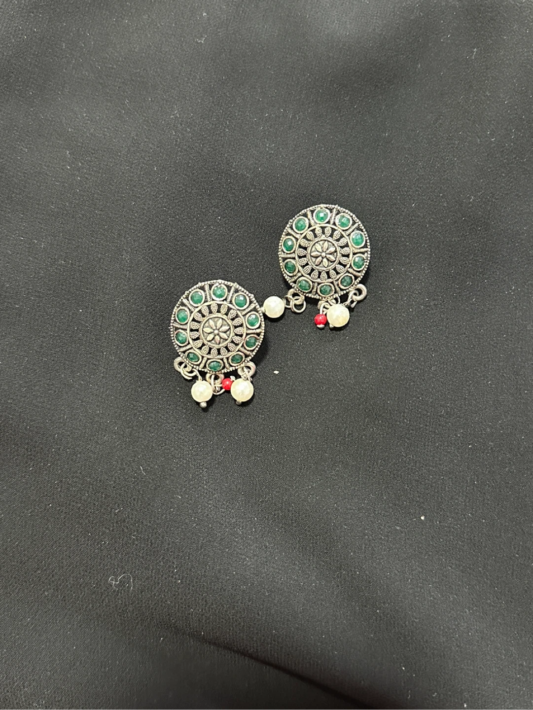 Oxidized Silver Tone Earrings with Green Stones - photo 2