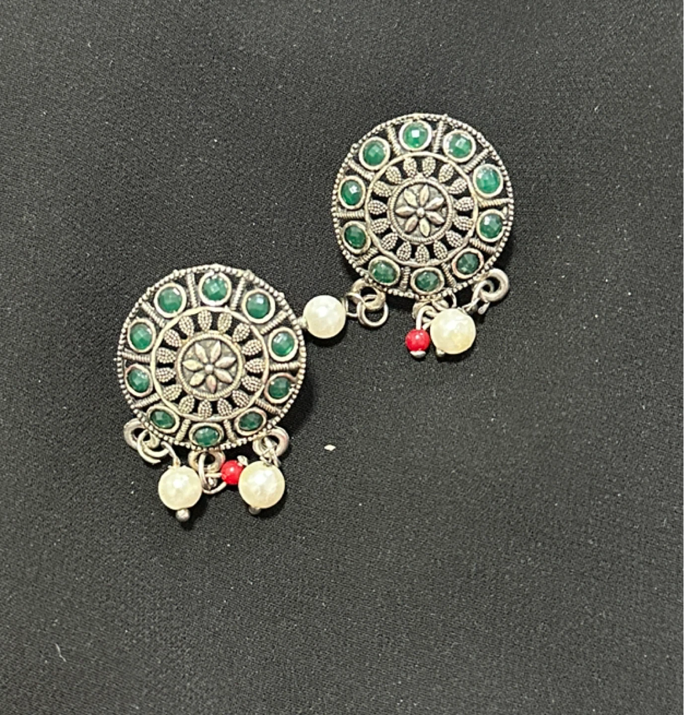 Oxidized Silver Tone Earrings with Green Stones