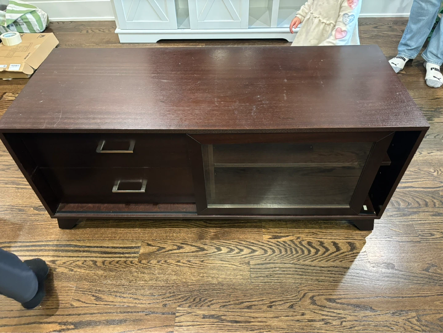 Dark Wood Media Console with Drawers and Glass Door