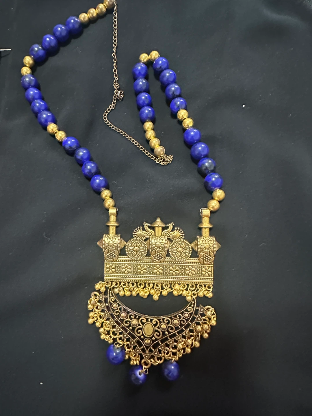 Antique Gold-tone Beaded Necklace with Blue Stones - photo 3