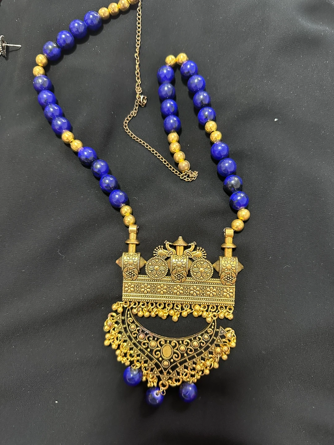 Antique Gold-tone Beaded Necklace with Blue Stones
