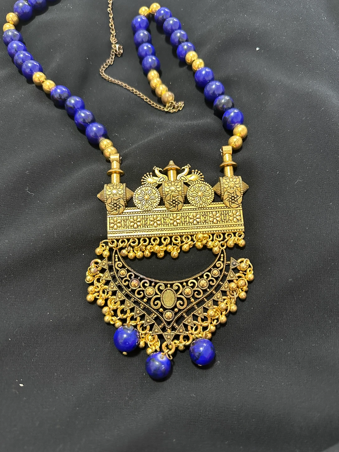 Antique Gold-tone Beaded Necklace with Blue Stones - photo 2