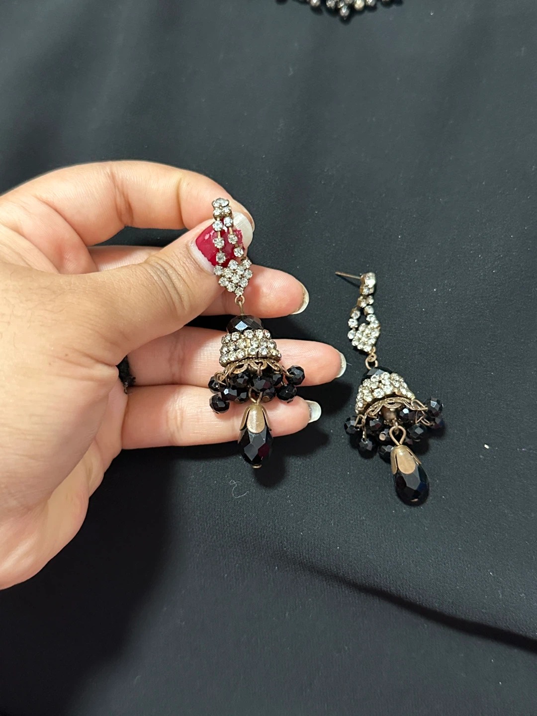 Antique Jhumka Earrings with Black Beads and Rhinestones - photo 3