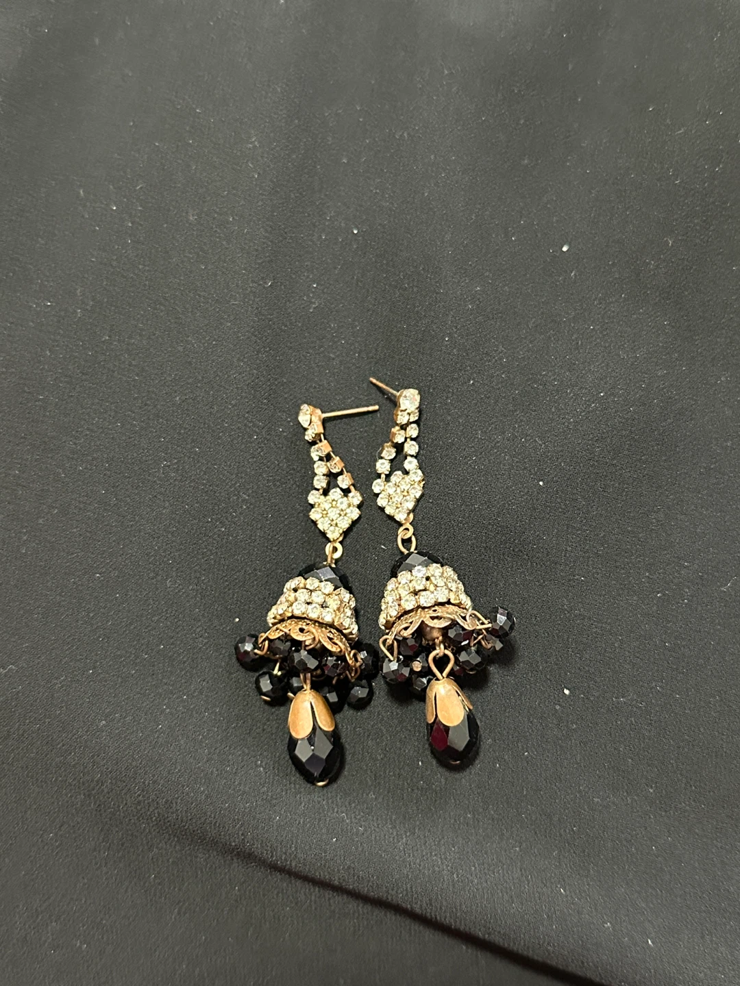 Antique Jhumka Earrings with Black Beads and Rhinestones