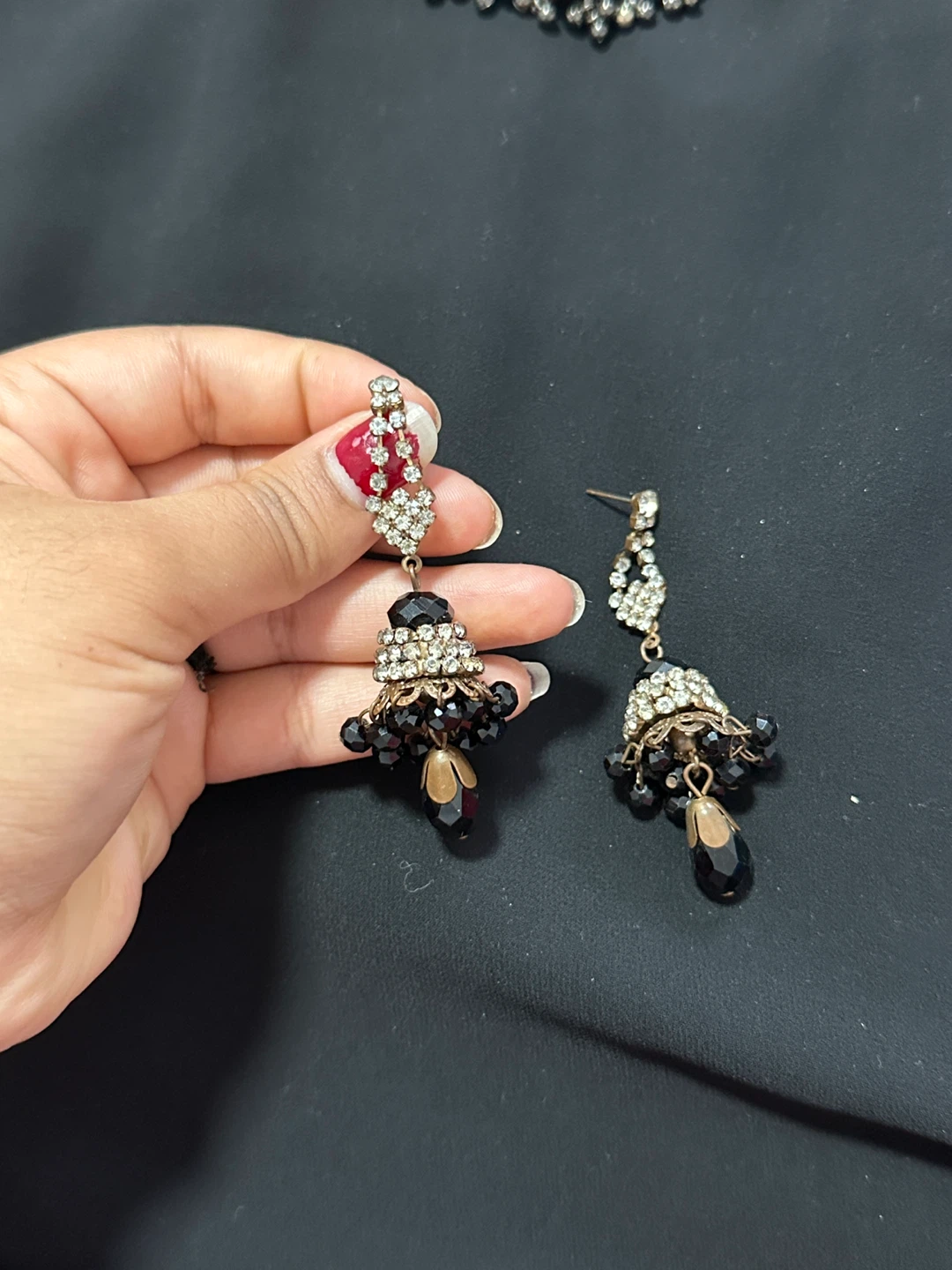 Antique Jhumka Earrings with Black Beads and Rhinestones - photo 2