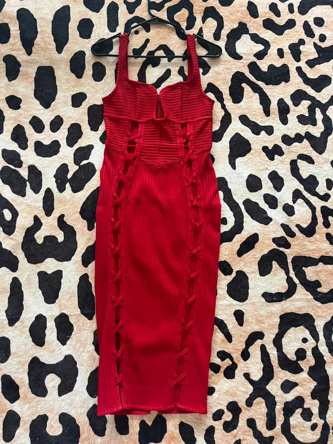 Fashion Nova Red Ribbed Lace-Up Midi Dress