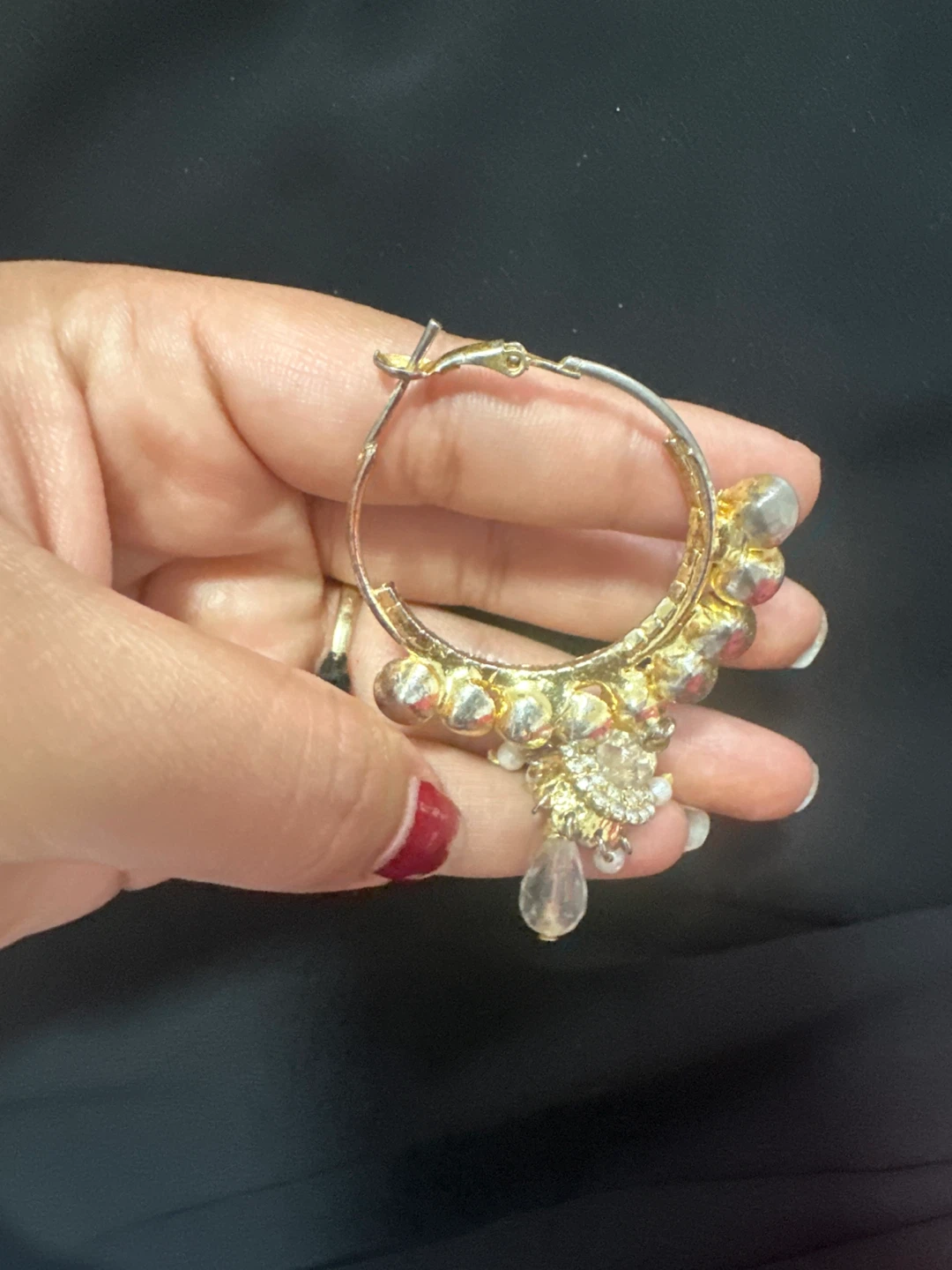 Gold Tone Hoop Earrings with Rhinestones and Pearls - photo 2