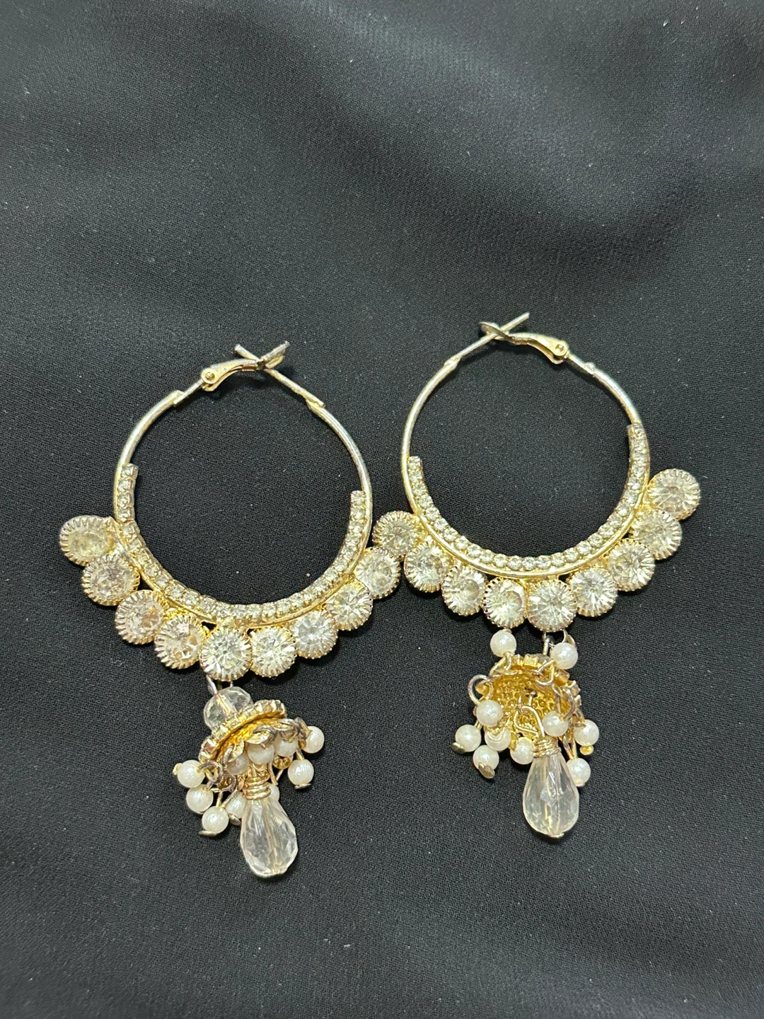 Gold Tone Hoop Earrings with Rhinestones and Pearls
