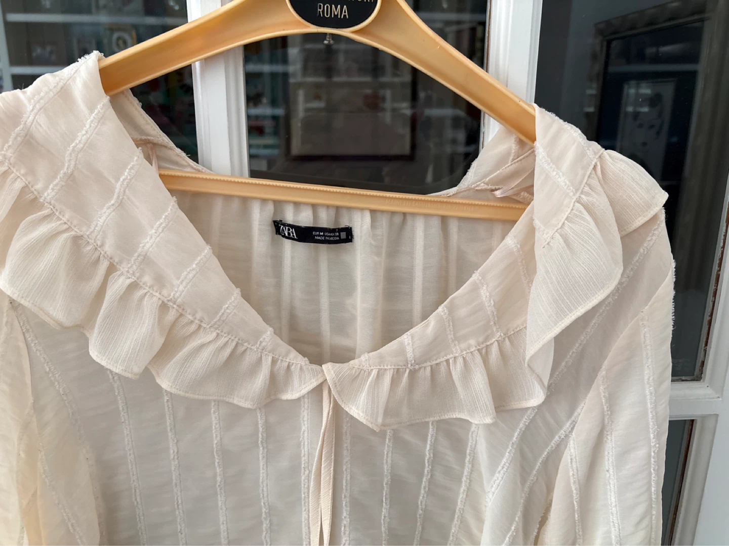 ZARA Cream Ruffle Neck Blouse - Size Medium