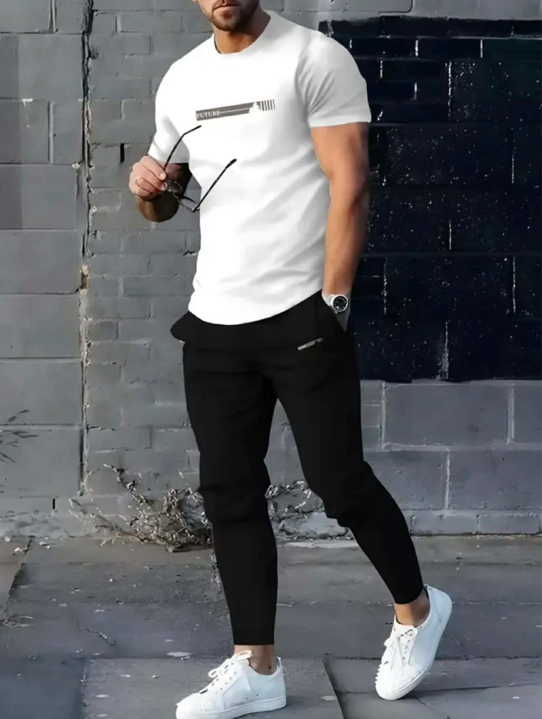 Men's White T-Shirt and Black Jogger Set