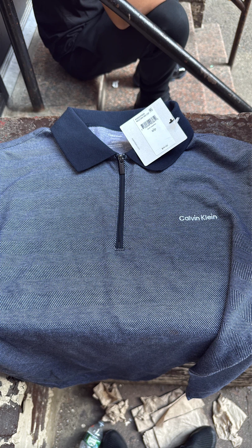 Calvin Klein Men's Zip Polo Shirt - Blue Herringbone - Size S/P