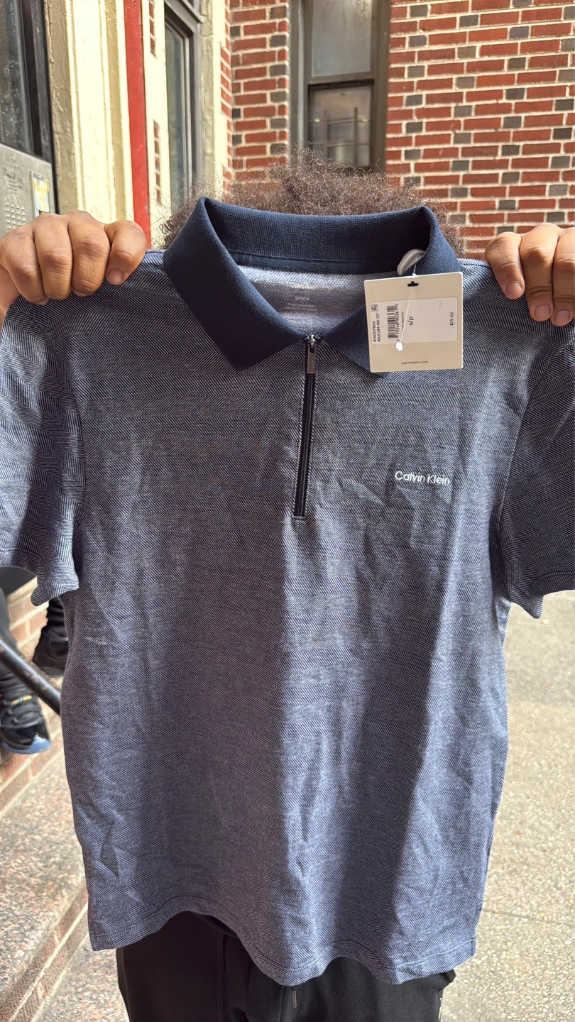 Calvin Klein Men's Zip Polo Shirt - Blue Herringbone - Size S/P - photo 3