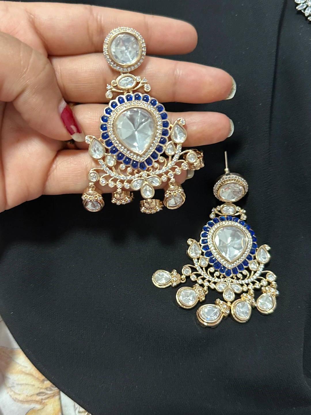 Gold Tone Chandelier Earrings with Blue and Clear Stones - photo 3