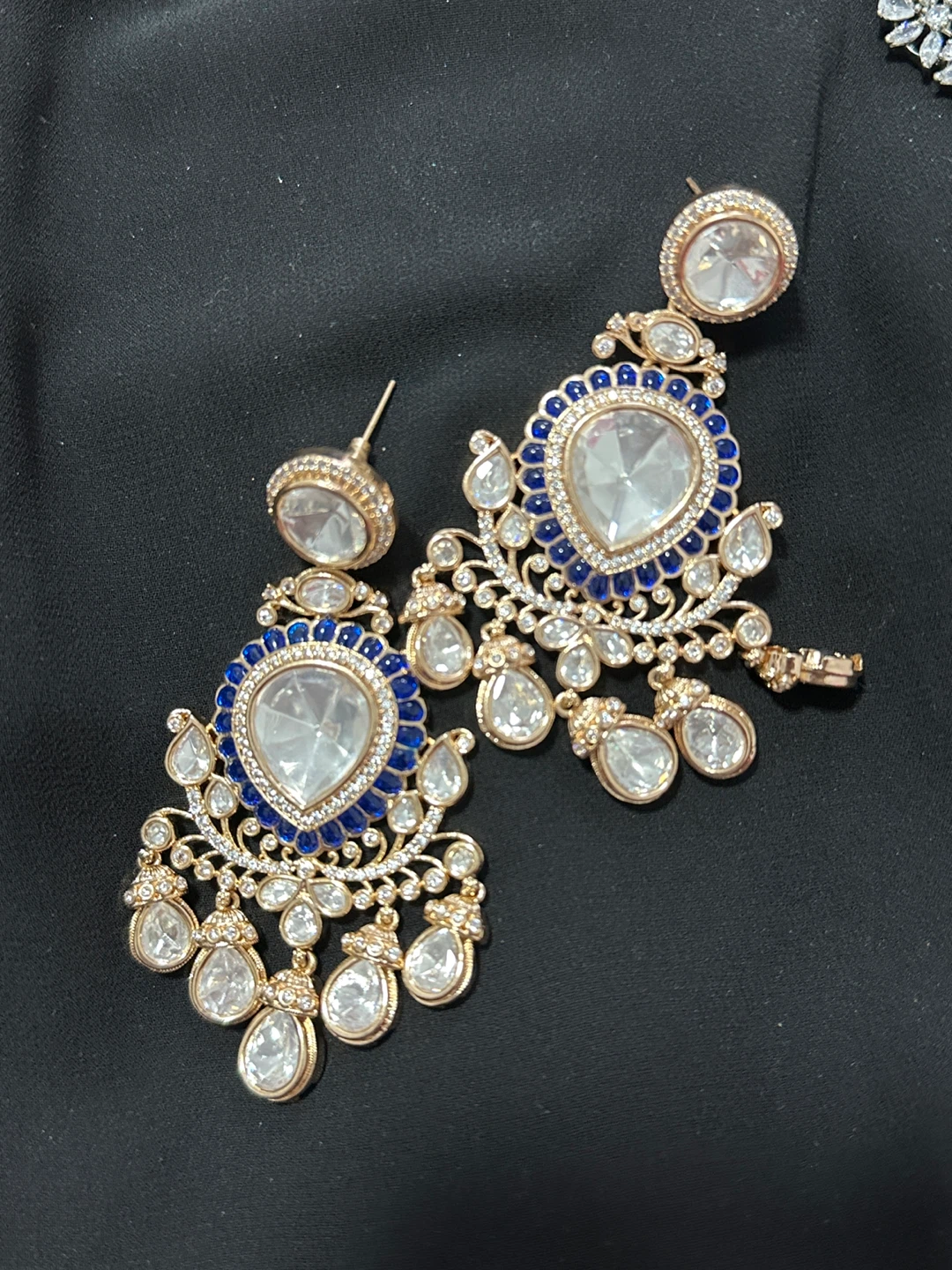 Gold Tone Chandelier Earrings with Blue and Clear Stones - photo 2