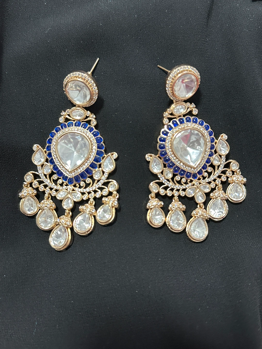 Gold Tone Chandelier Earrings with Blue and Clear Stones