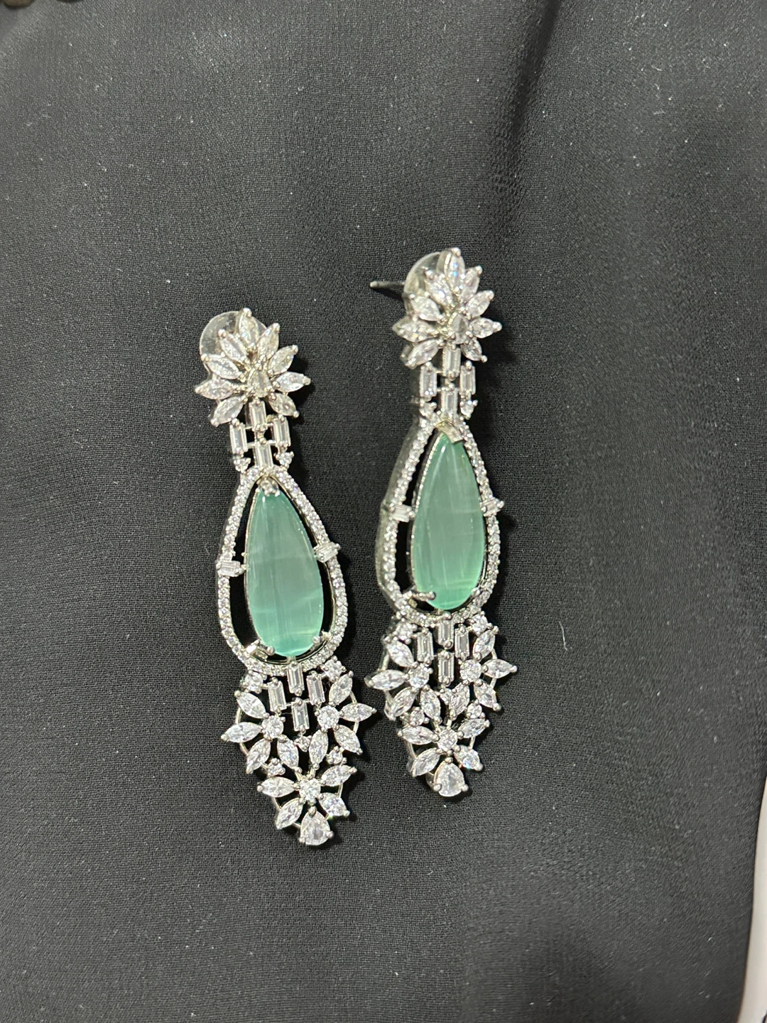 Diamond cut Rhinestone Drop Earrings with Green Gemstones