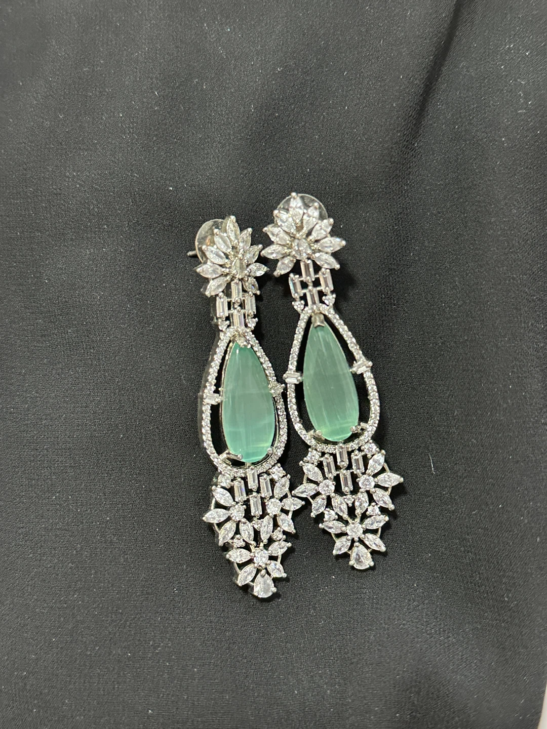 Diamond cut Rhinestone Drop Earrings with Green Gemstones - photo 2