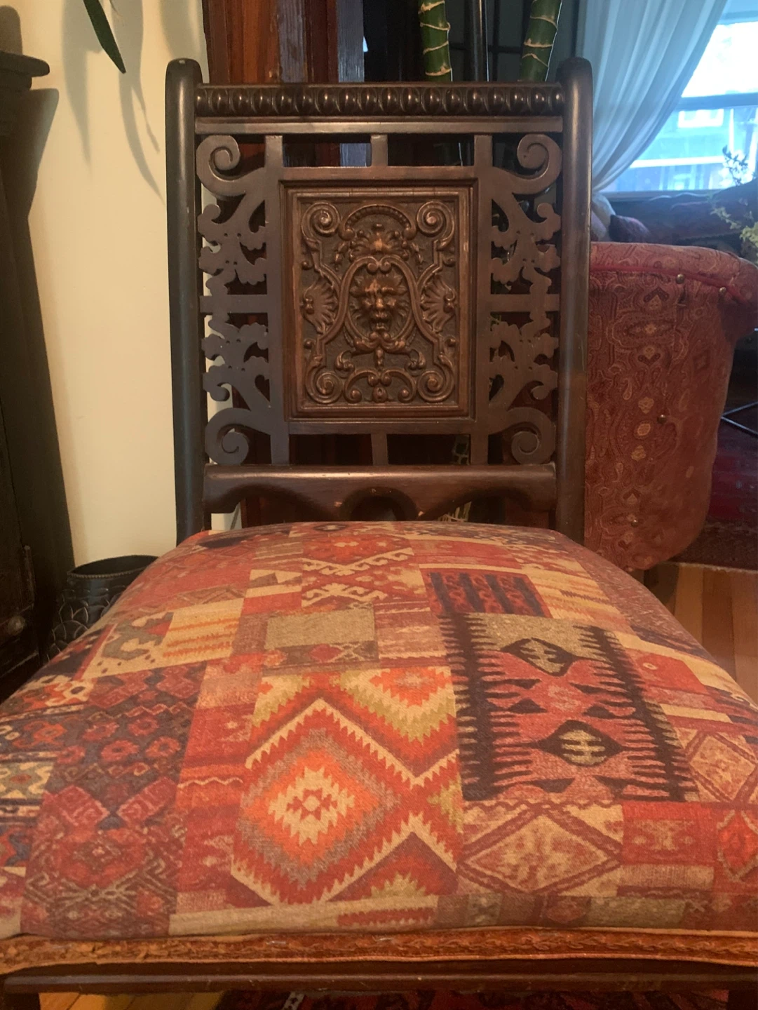 Antique Carved Wood Accent Chair with Ornate Upholstery - photo 2