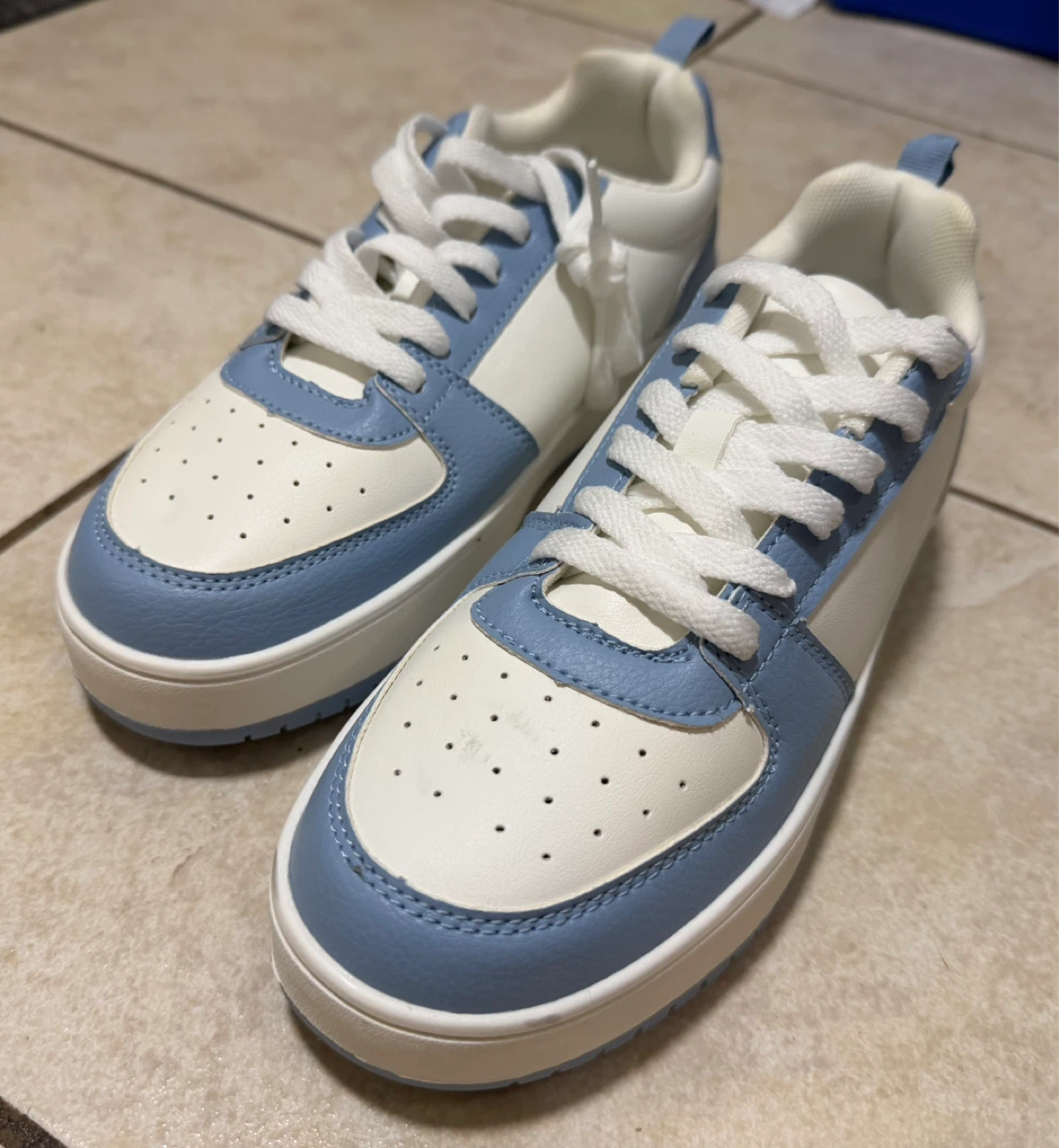 White and Blue Lace-Up Sneakers