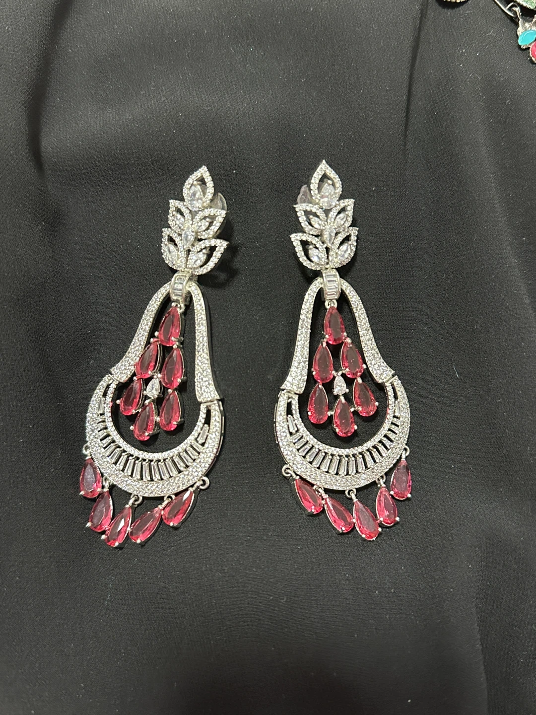Diamond cut Rhinestone Chandelier Earrings with Red Gems