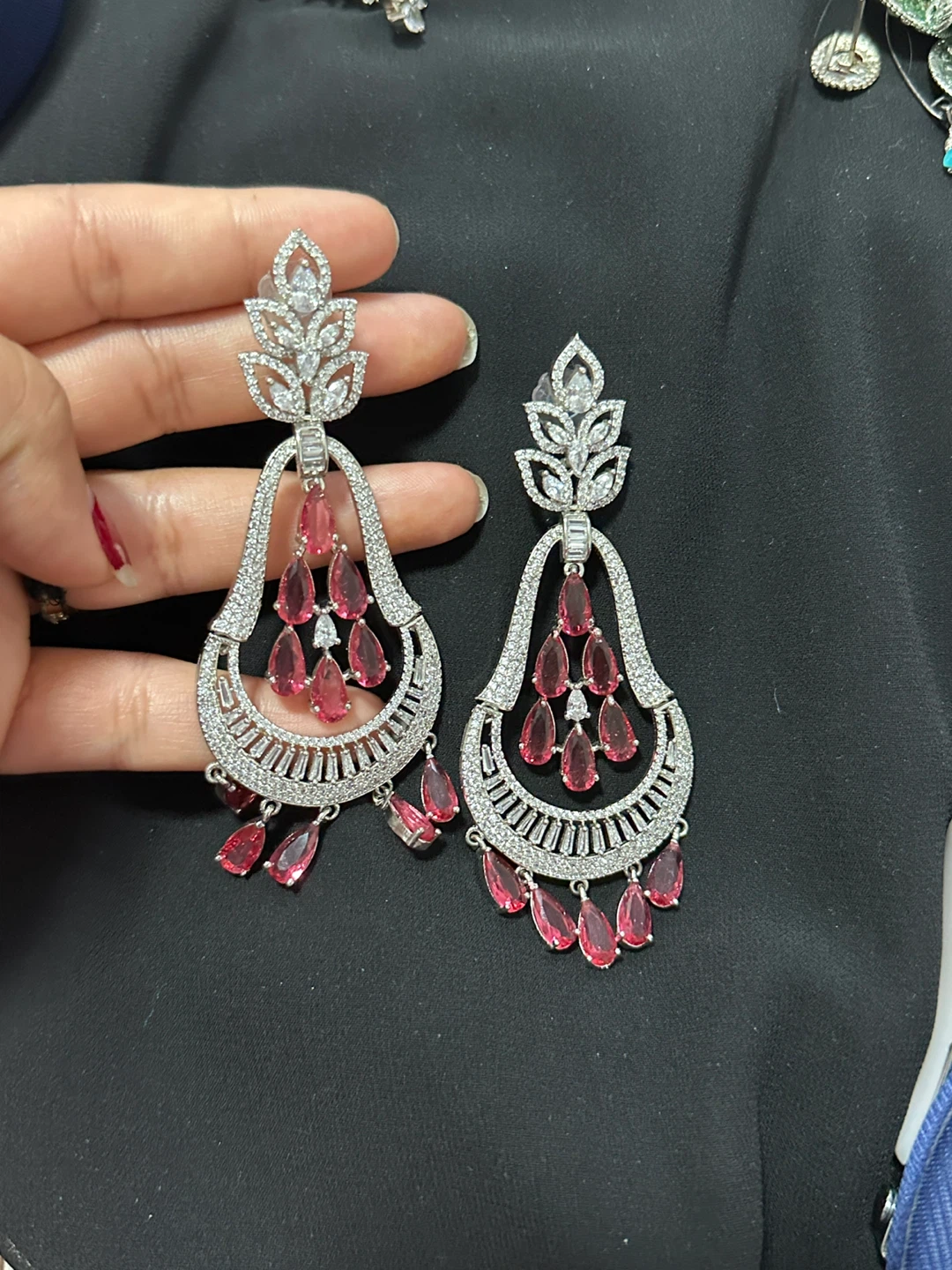 Diamond cut Rhinestone Chandelier Earrings with Red Gems - photo 3