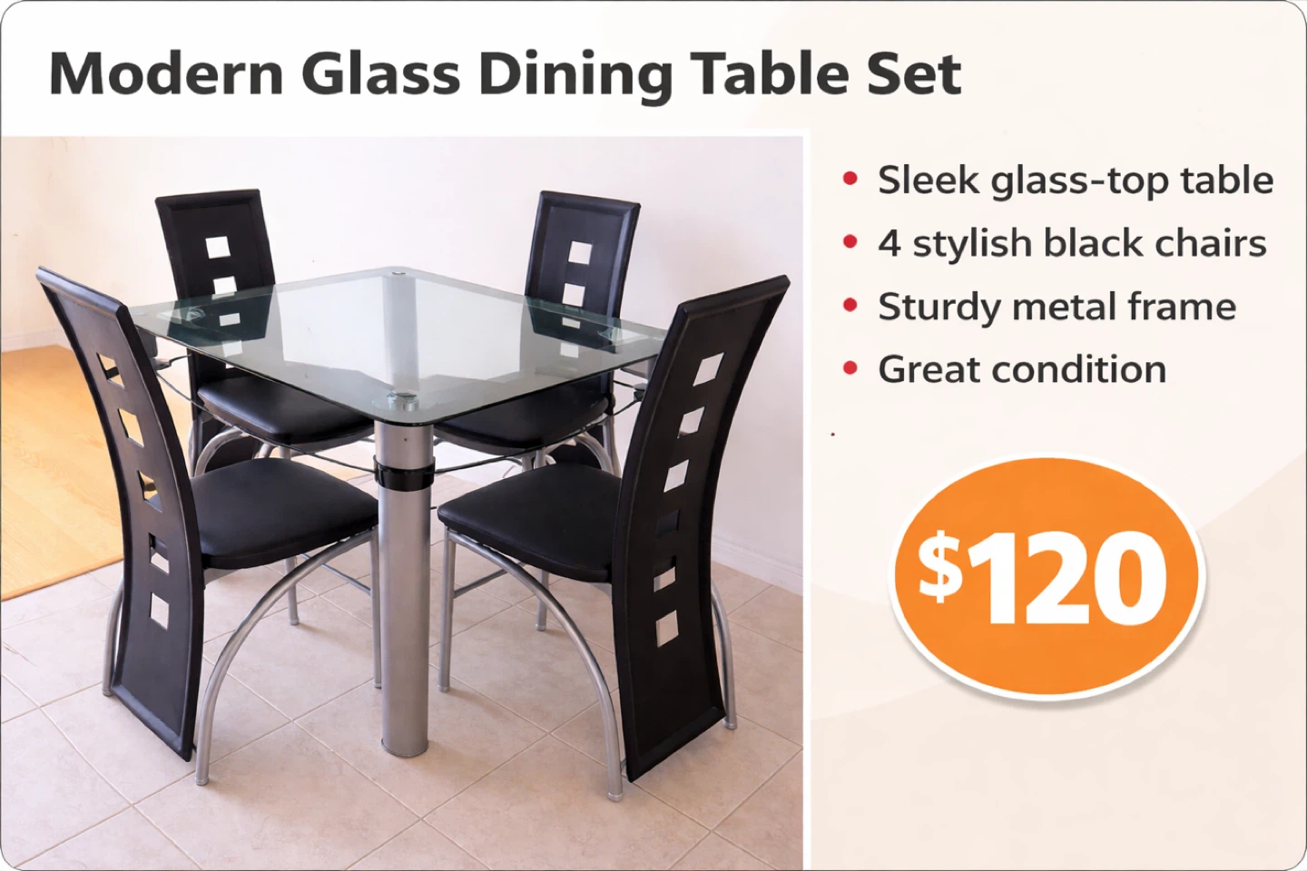 Modern Glass Dining Table Set with 4 Chairs