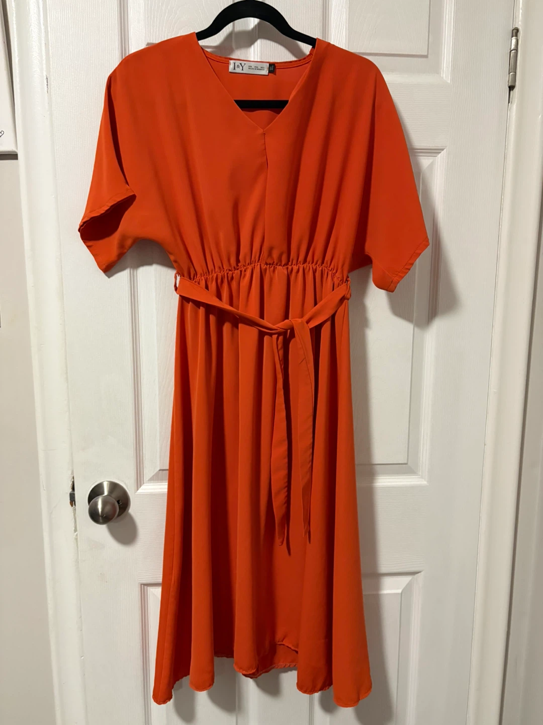 Orange V-Neck Midi Dress with Belt