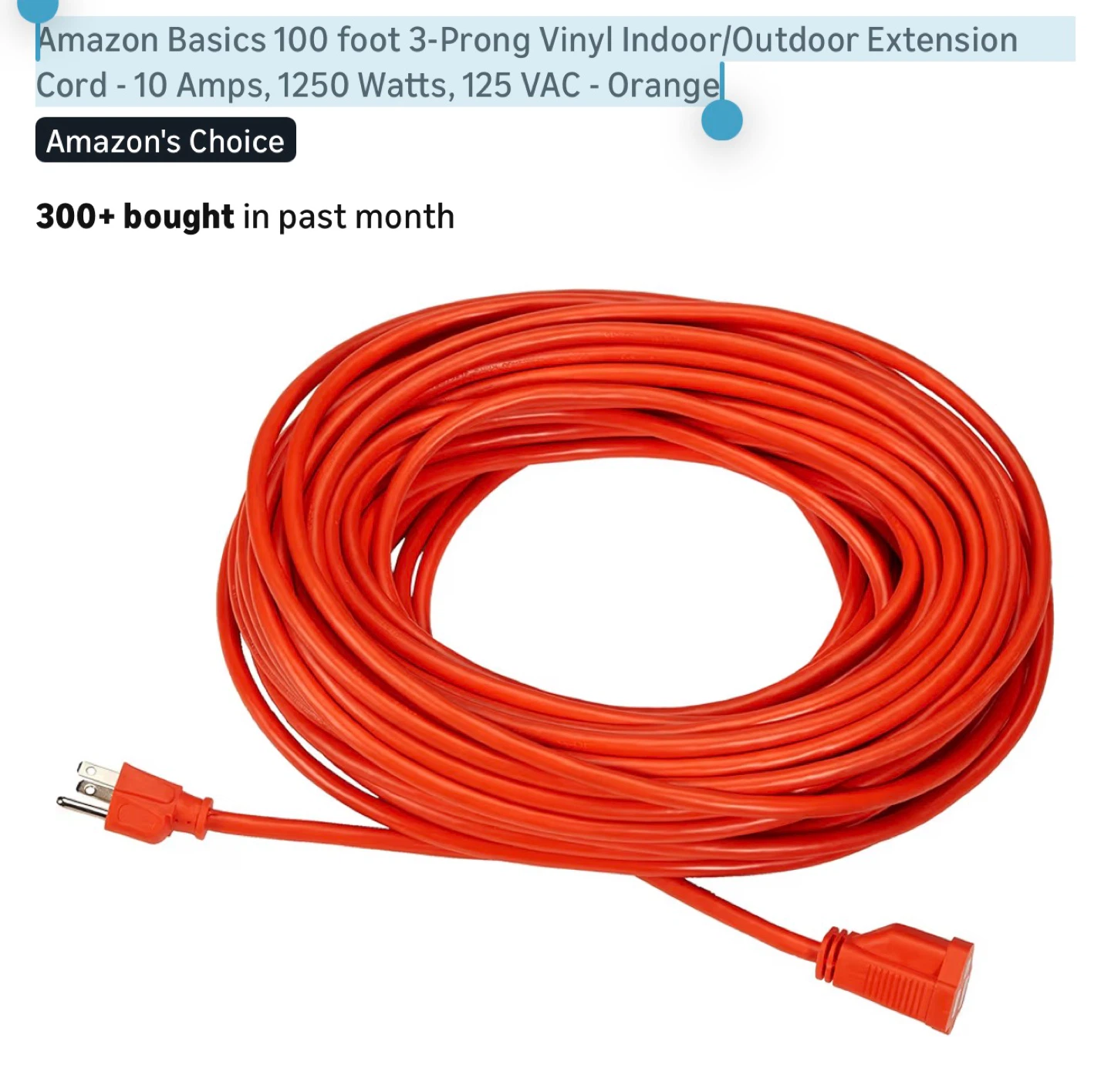 Amazon Basics 100 ft Orange Extension Cord