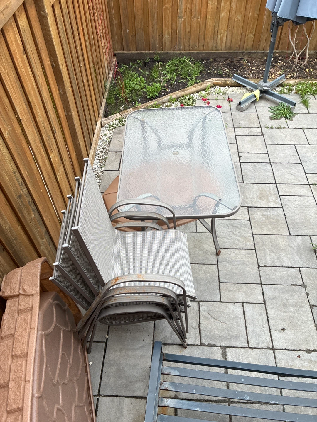 Glass Top Patio Table and Stackable Chairs