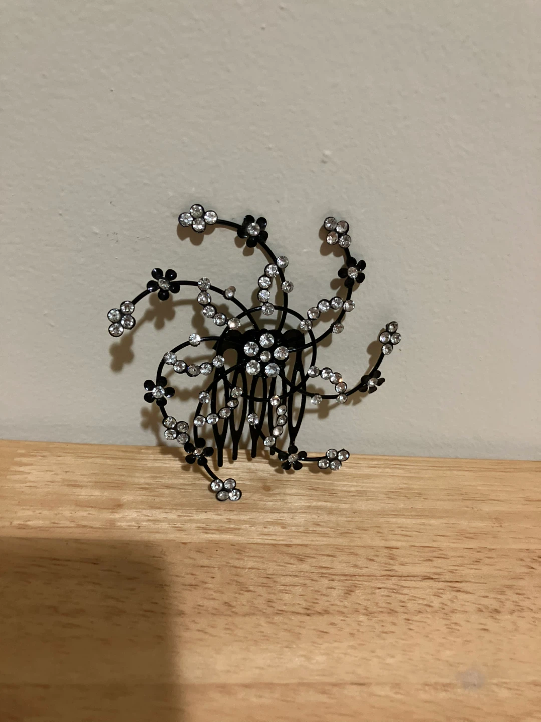 Black Hair Comb with Rhinestone Flowers
