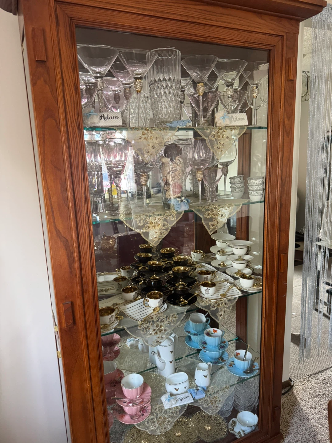 Wooden Glass Display Cabinet with Assorted Glassware
