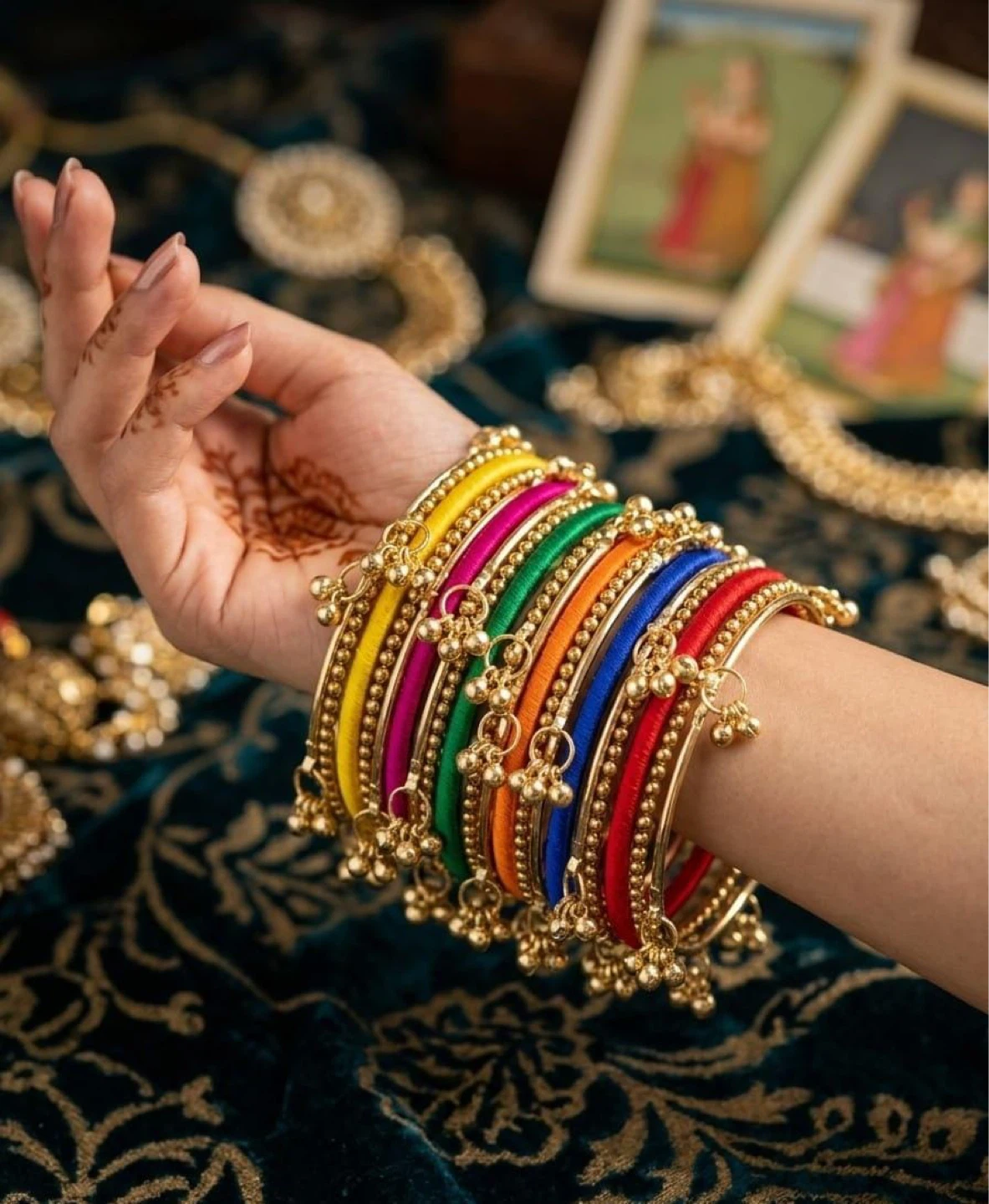 Colourful Silk Thread Bangles with Gold Charms
