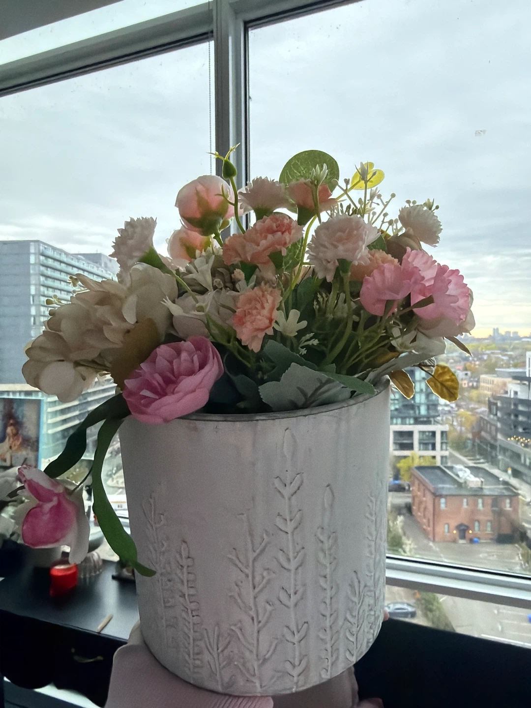 Artificial Flower Arrangement in White Embossed Pot