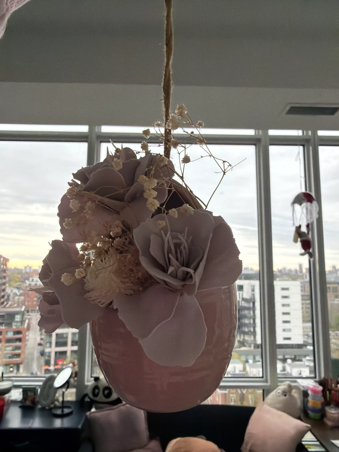 Pink Ceramic Egg-Shaped Vase with Faux Flowers