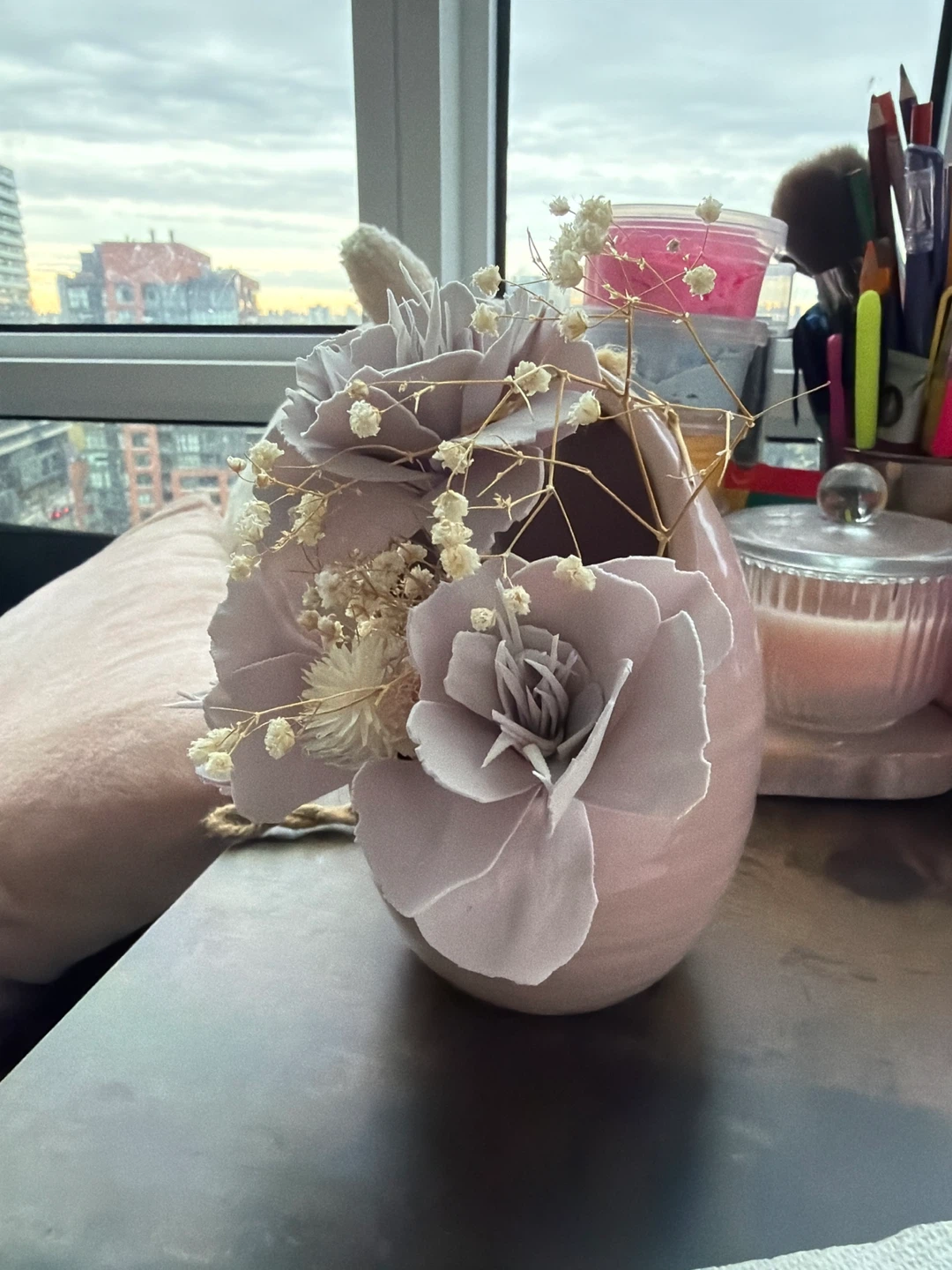 Pink Ceramic Egg-Shaped Vase with Faux Flowers - photo 3