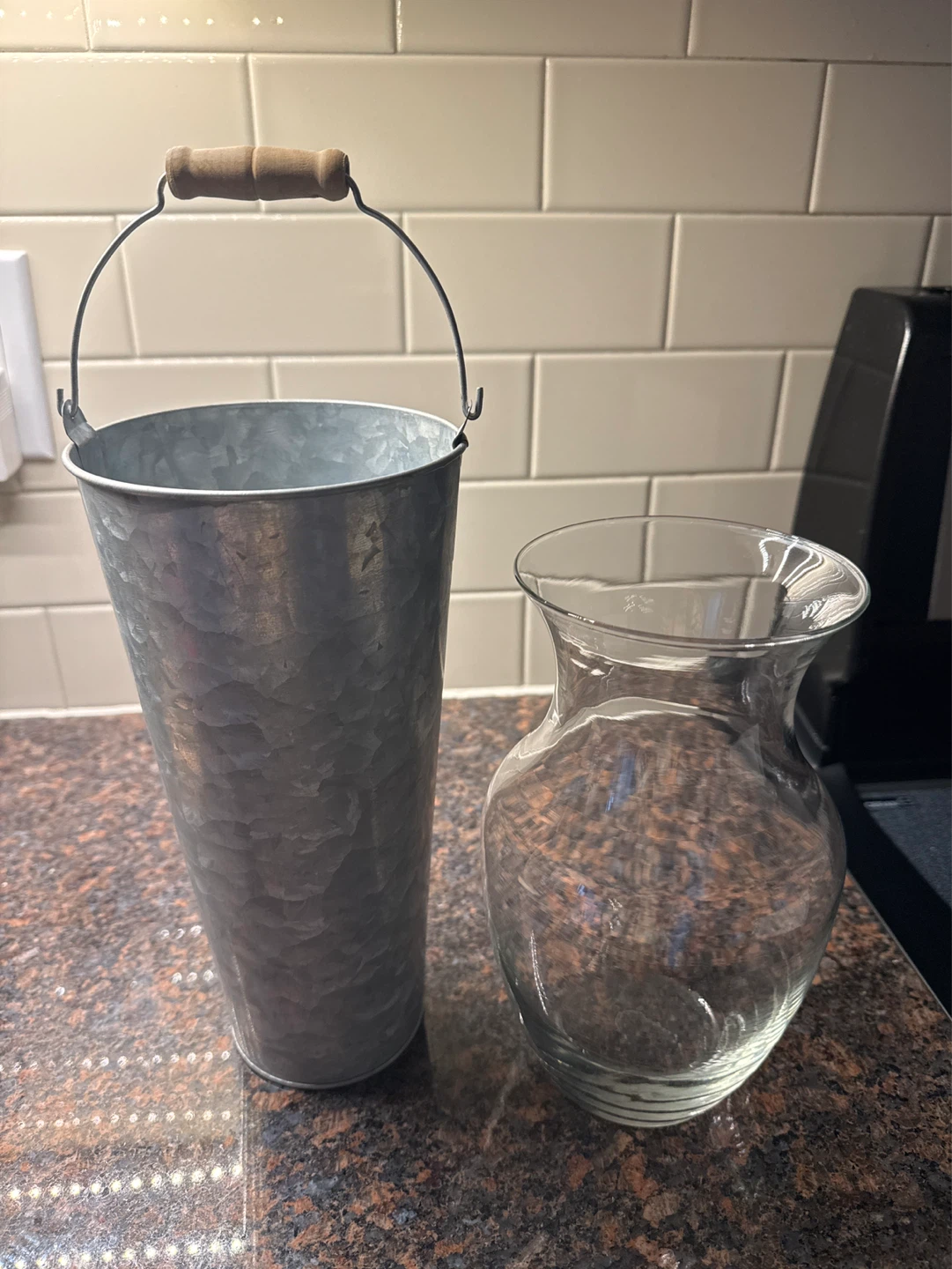 Galvanized Metal Pail with Wooden Handle and Glass Vase